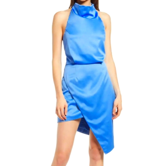 ELLIATT Size Medium Sky Blue Satin Draped Halterneck Asymmetric Mini Dress NWT - Picture 1 of 13
